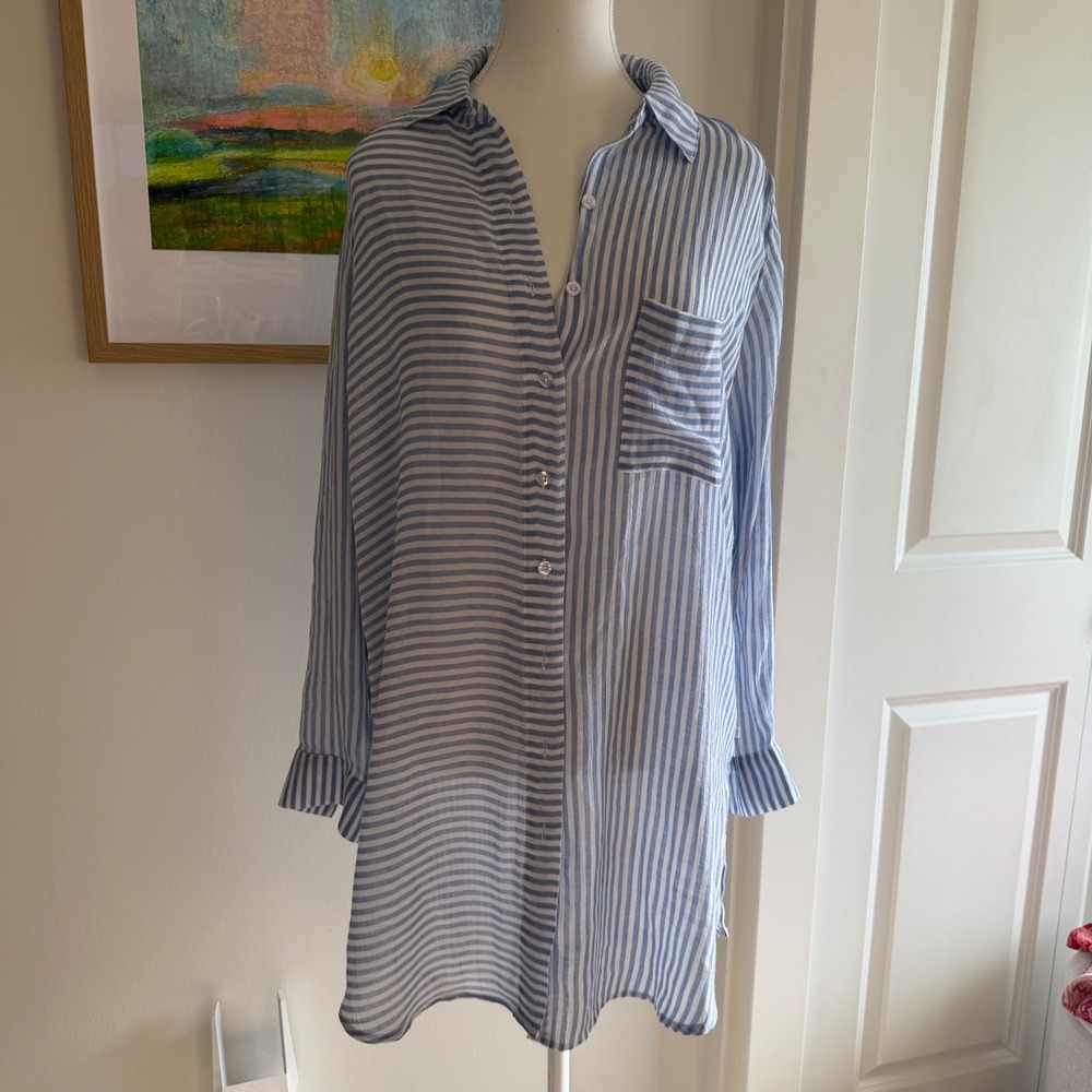 la Vie en Rose Aqua Striped Button Down Tunic Cover Up Tropical Resortwear M